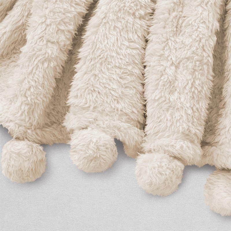 Ivory Cream Sherpa Fleece Throw Blanket with Pom Poms