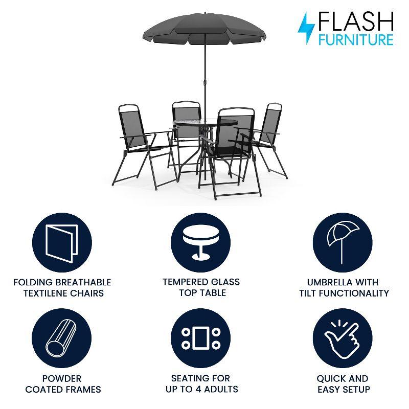 Flash Furniture Nantucket 6 Piece Patio Garden Set with Table, Umbrella and 4 Folding Chairs