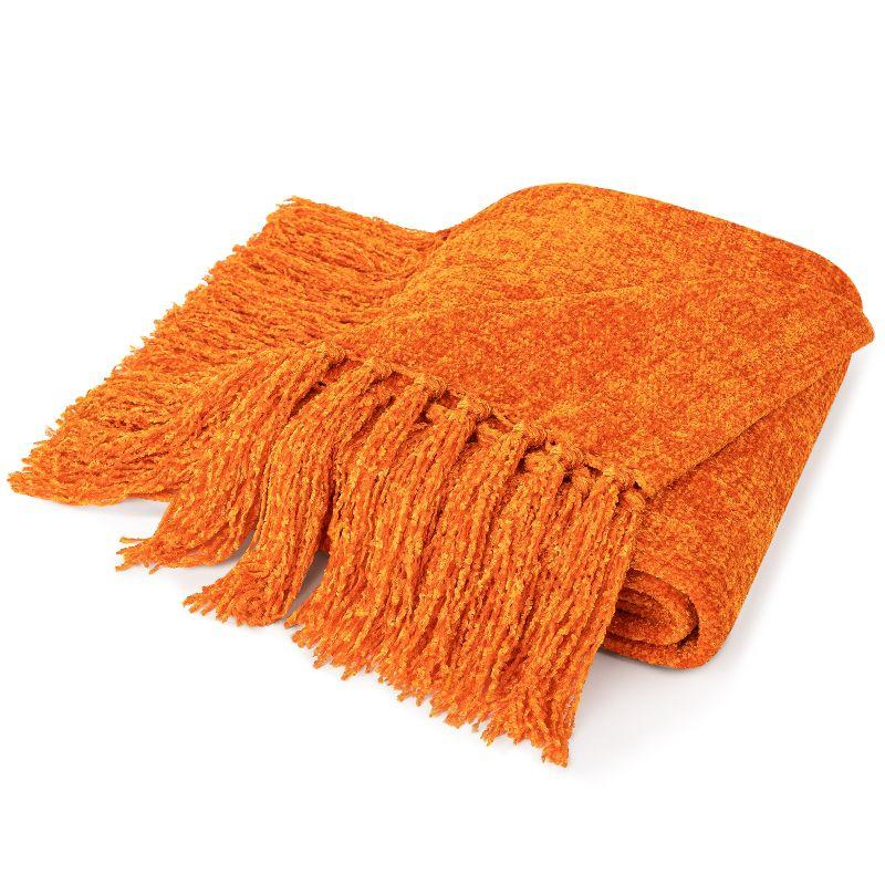 PAVILIA Chenille Throw Blanket with Woven Knitted Tassel Fringe for Couch, Living Room Decor and Bed