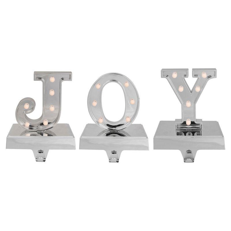 Set of 3 Silver LED Lighted "JOY" Christmas Stocking Holder 6.5"