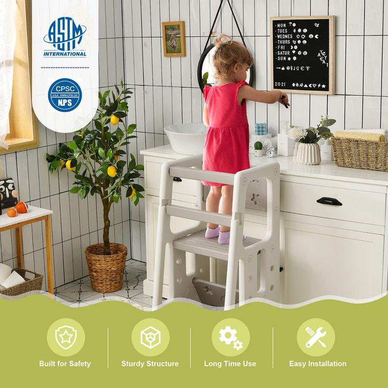 Costway Kids Kitchen Step Stool with Double Safety Rails Toddler Learning Stool Pink\Brown\Green\Gray