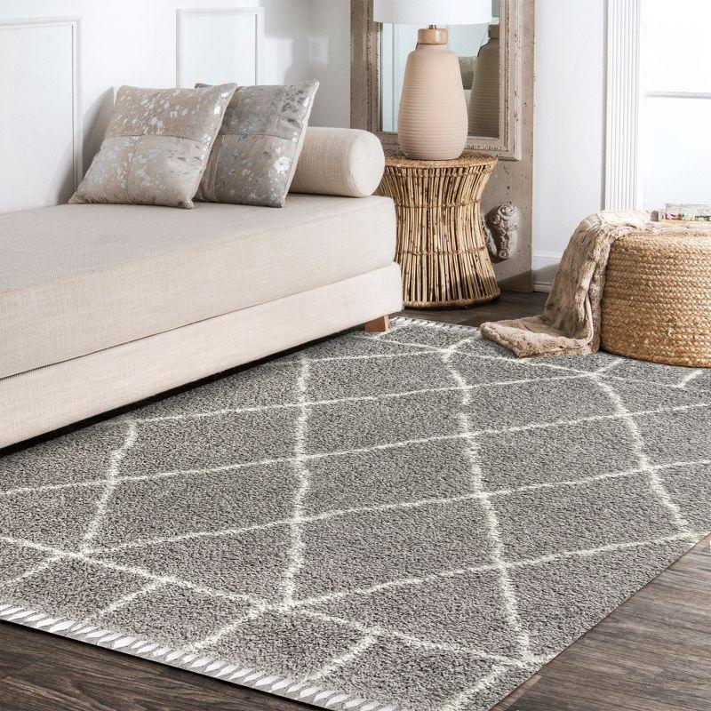 4'x6' Mercer Shag Plush Tassel Moroccan Geometric Trellis Area Rug, Grey/Cream - JONATHAN Y
