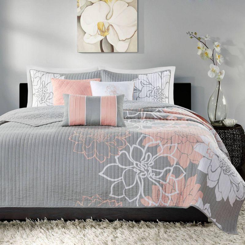 King Gray Floral Reversible Cotton Quilt Set