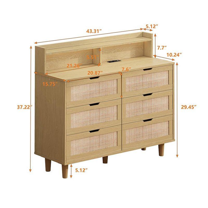 Rattan 6-Drawers Storage Cabinet, 43.31" Dresser with LED Lights and Power Outlet for Entryway, Living Room, Bedroom,Natural