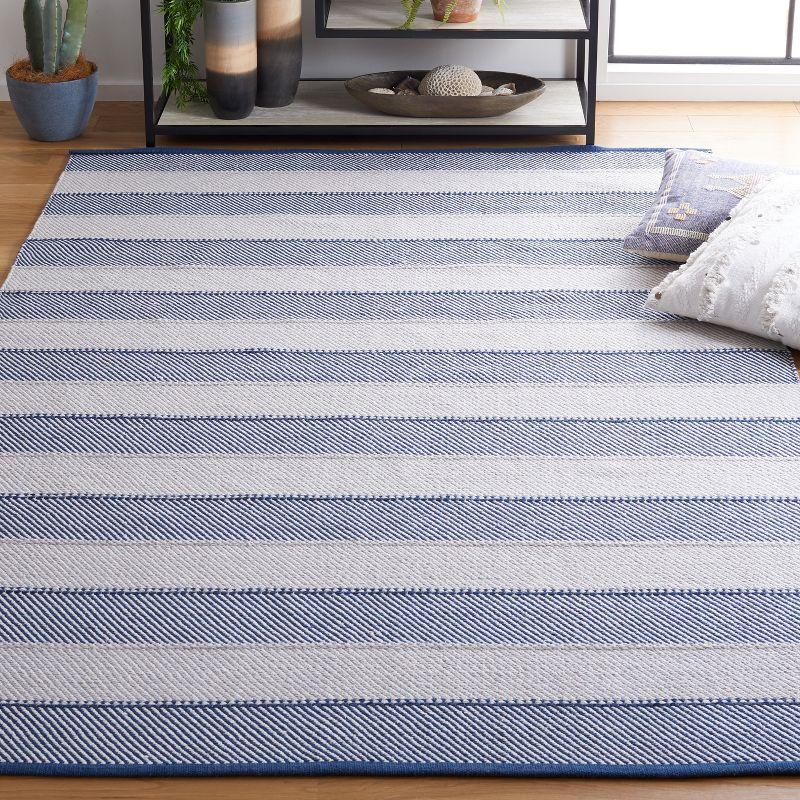 Grey and Blue Striped 4' x 6' Wool Cotton Area Rug