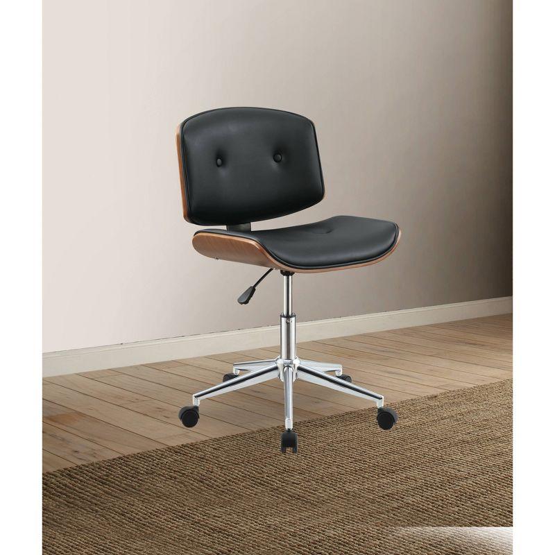 Black Faux Leather and Walnut Armless Task Chair with Metal Frame