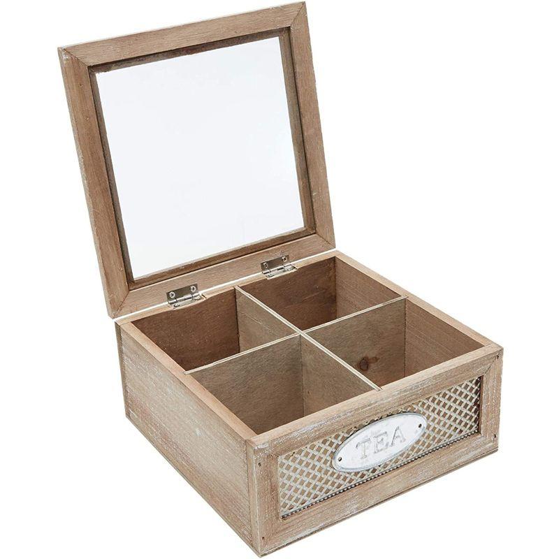 Juvale Wooden Box for Tea Bags Organizer, Rustic 4-Compartment Container with Clear Lid, 7 x 7 x 3 In