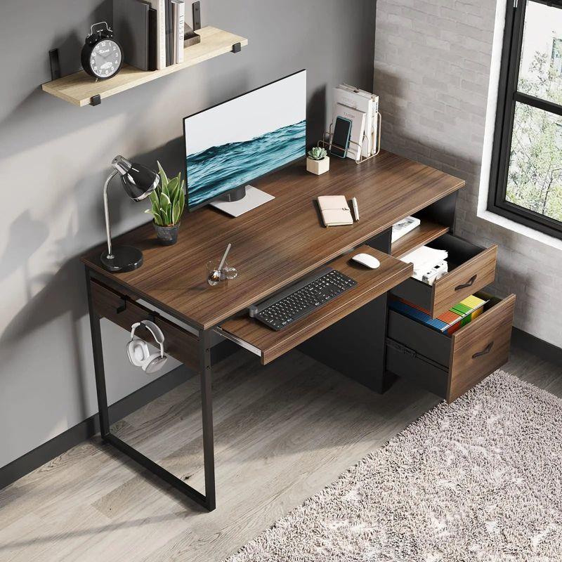 Bestier 48” Office Desk with Drawers, Computer Writing Desk with Keyboard Tray & 2 Hooks for Home Office, Gray