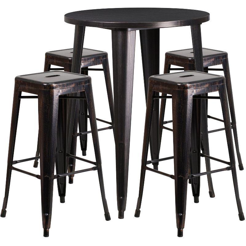 Flash Furniture Commercial Grade 30" Round Black-Antique Gold Metal Indoor-Outdoor Bar Table Set with 4 Square Seat Backless Stools