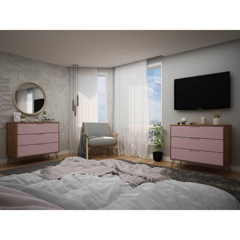 Set of 2 Rockefeller 3 Drawer Dresser Nature/Rose Pink - Manhattan Comfort: MDF Bedroom Storage, Easy-Glide, 6 Drawers