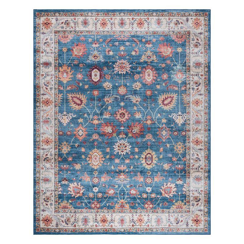 Gertmenian Crystal Print Cullen Navy Blue Beige Multi Transitional Floral Border Washable Flat Pile Indoor Area Rug