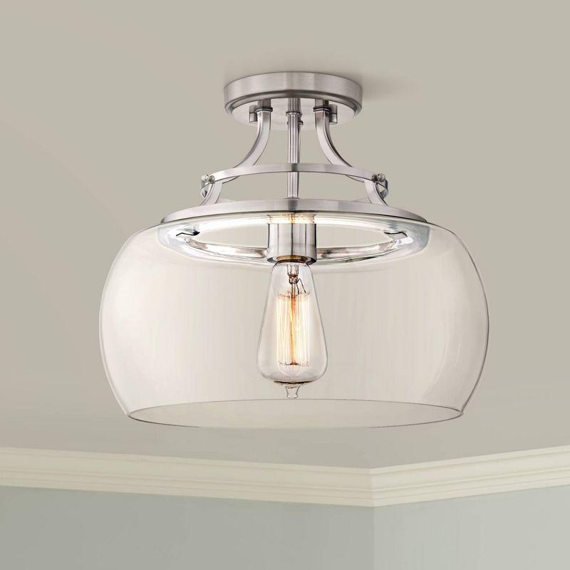 Franklin Iron Works Charleston Modern Industrial Ceiling Light Semi Flush Mount Fixture 13 1/2" Wide Brushed Nickel LED Clear Glass Shade for Bedroom