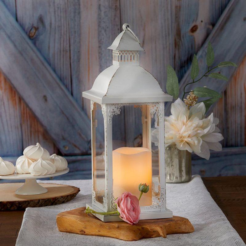 Vintage Rustic White Metal Candle Lantern - 14" Height