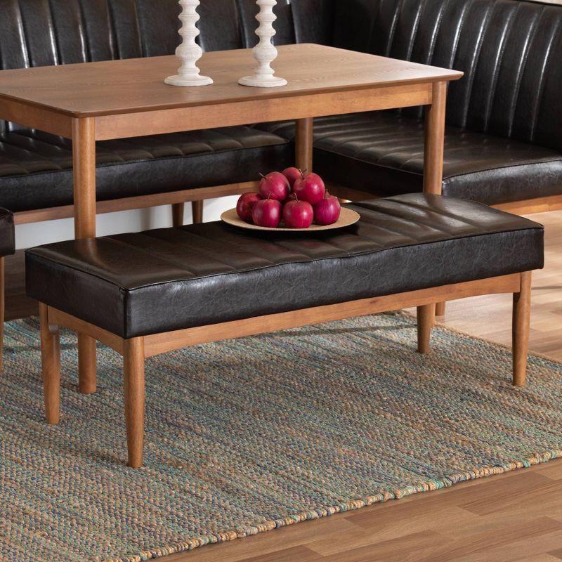 Daymond Wood Dining Ottoman Dark Brown/Walnut Brown - Baxton Studio: Mid-Century Tufted, Faux Leather