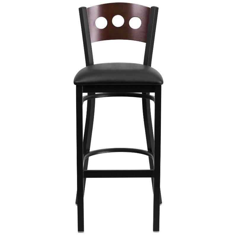 Walnut and Black Metal Barstool with Decorative Back and Vinyl Seat