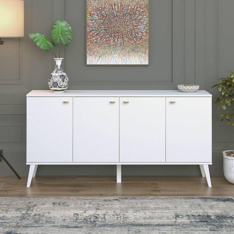 Milo Mid-Century Modern 4 Door Buffet Server White - Prepac: Laminated Storage Cabinet, CARB Certified