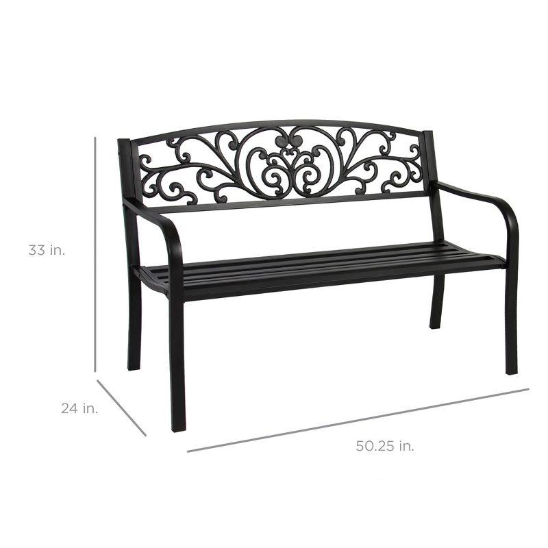 Black Steel Outdoor Bench with Floral Backrest, 52"