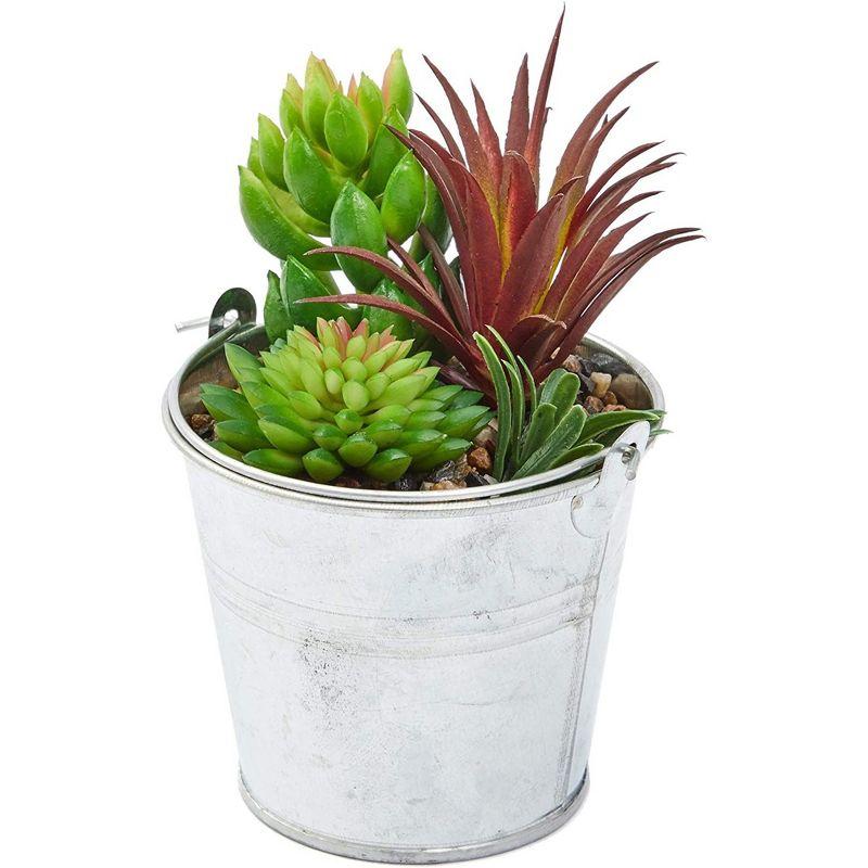 Juvale 4 Pack Artificial Succulents Plants, Faux Fake Cactus with Iron Bucket for Garden & Patio Decor, 6.5 in
