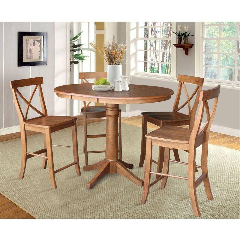 36" Ryan Round Extendable Dining Table with 4 X Back Stools Distressed Oak - International Concepts: Solid Wood, Mid-Century, Pedestal Base