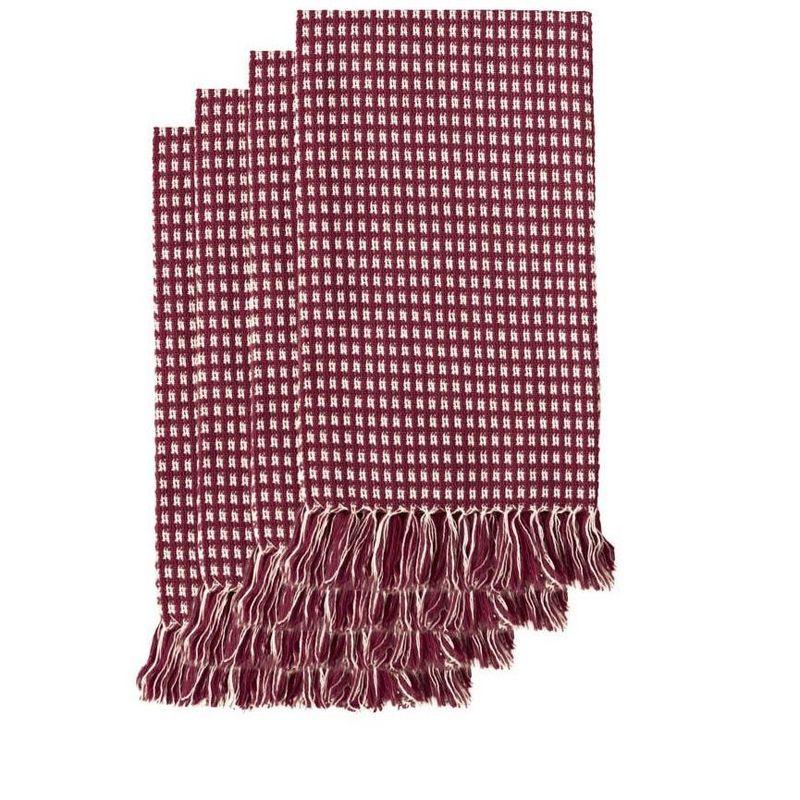 Wine and White Cotton Checked Napkins with Fringed Edges - Set of 4