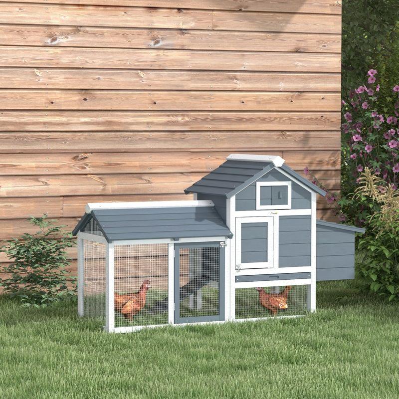 PawHut 59" Small Wooden Chicken Coop Hen House Poultry Cage for Outdoor Backyard with 2 Doors, Nesting Box and Removable Tray, White