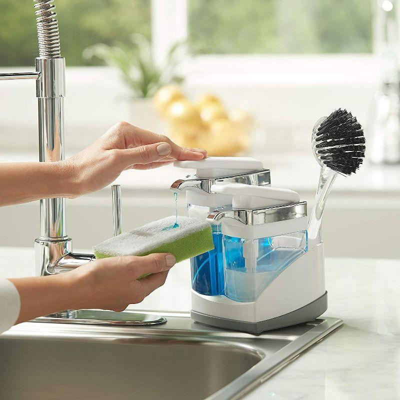 Casabella Sink Sider Duo Soap Dispensers with Sponge, for Dish & Hand Soap, Chrome Plating, White