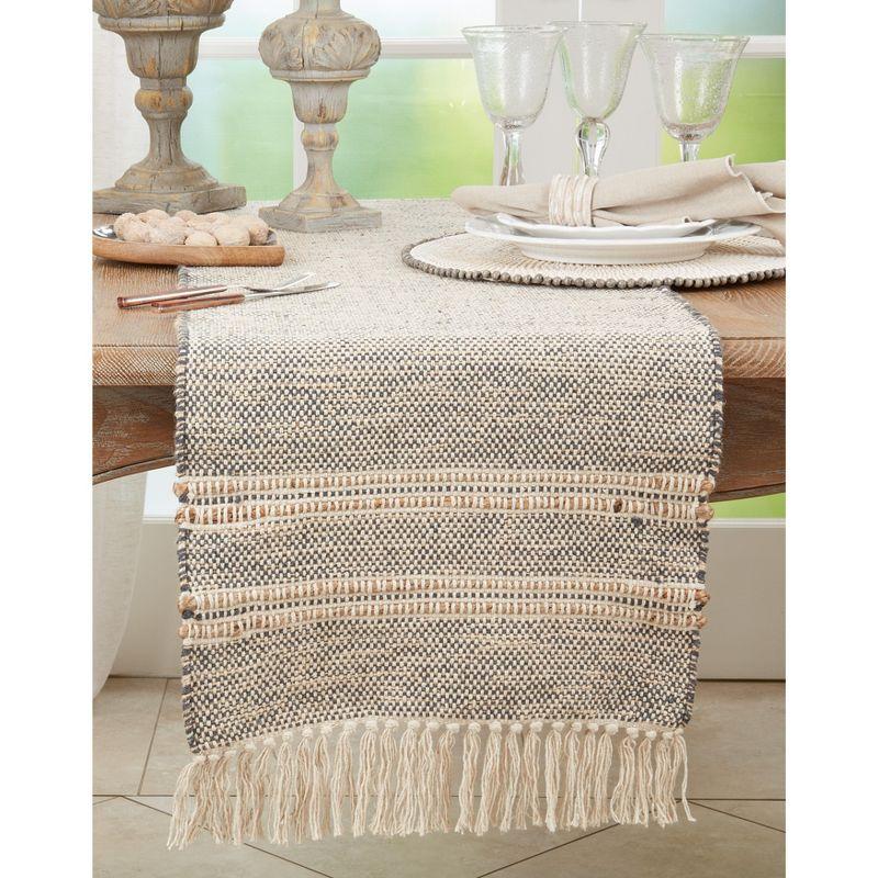 Gray Cotton Striped Tassel Table Runner