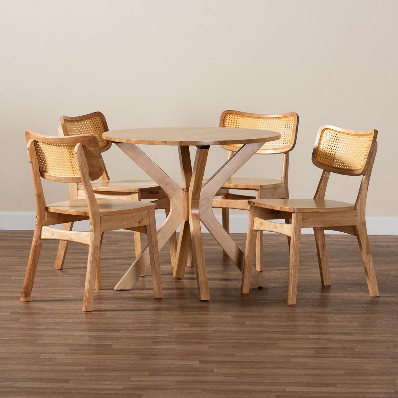 Mid-Century Modern Oak and Rattan 5-Piece Dining Set