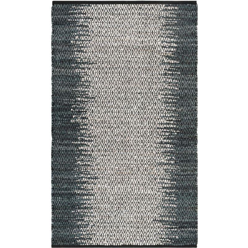 Gray and Cream Handmade Leather Flat Woven Area Rug