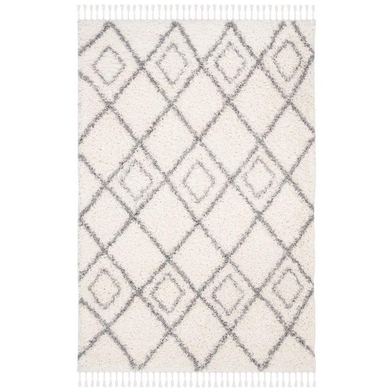 Ivory and Light Grey Diamond Shag Round Rug, 59" Synthetic