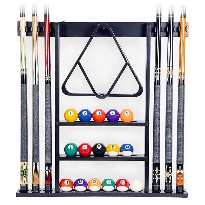 ISZY Billiards Wooden Wall Mounted Pool Cue Accessories Billiard Ball and Stick Holder Rack, Holds 6 Pool Cues and Full Set of Balls