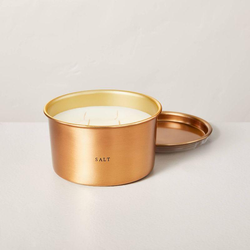 Lidded Metal Salt 4-Wick Jar Candle Brass Finish 20oz - Hearth & Hand™ with Magnolia: Tropical Oasis Aroma, Soy Blend Wax