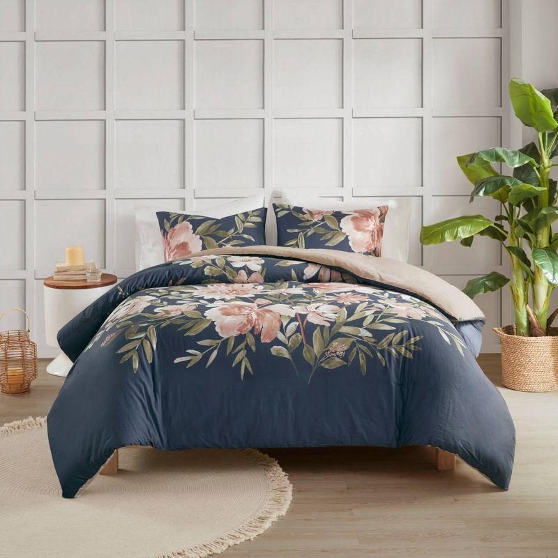 Camillia Navy Floral Cotton Full/Queen Duvet Cover Set