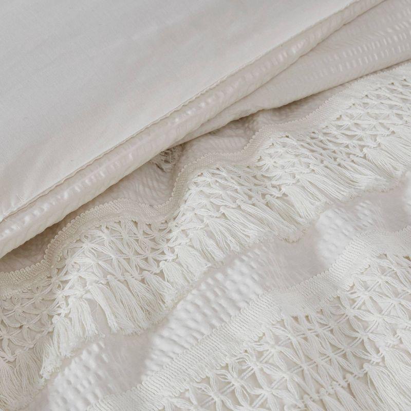 Ivory Full Cotton Seersucker Comforter Set with Tassel Trims