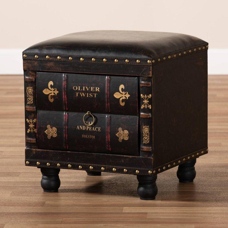 Charlier Rustic Dark Brown Faux Leather Storage Ottoman with Book Spine Drawer