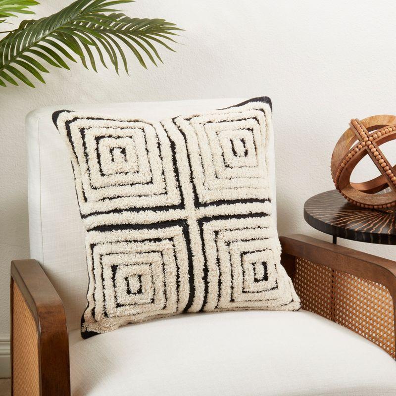 Geometric Bliss 20" Black and Natural Cotton Tufted Throw Pillow