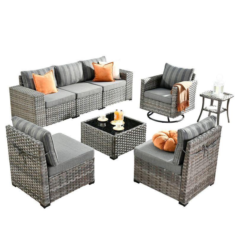 Marlton 8pc Wicker Outdoor Patio Furniture Set Conversation Sofa Sectional with a Swivel Chair and Cushions