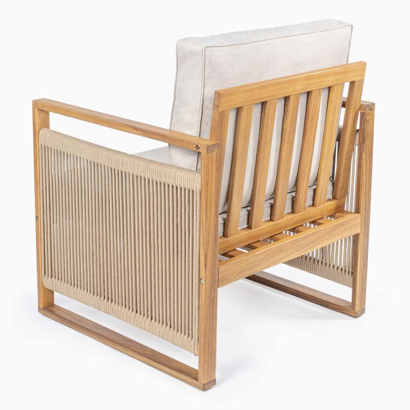 Gable Mid-Century Modern Roped Acacia Wood Outdoor Patio Chair with Cushions, Beige/Light Teak (Set of 2) - JONATHAN Y