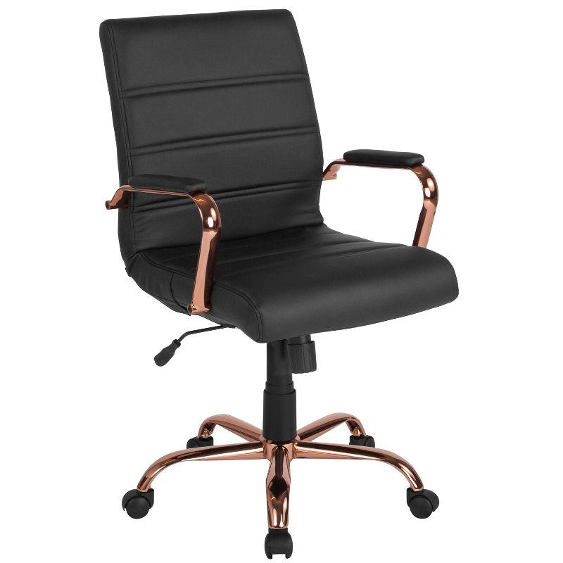 Mid-Back Black Faux Leather Office Chair with Rose Gold Accents