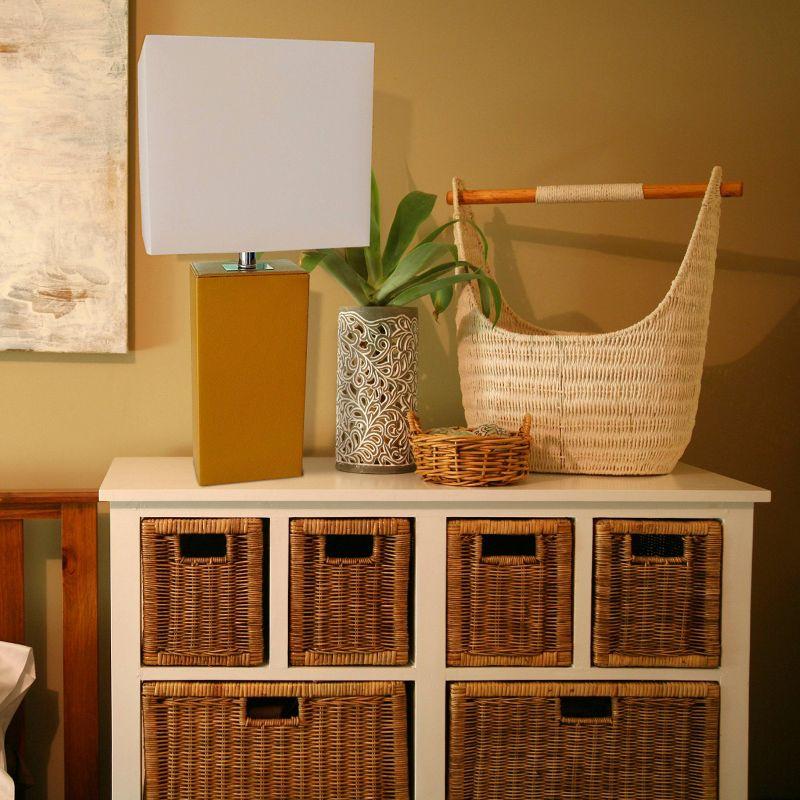 Tan Leather Desk Lamp with White Fabric Shade