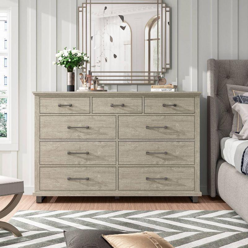 64" Dresser with 9 Drawers Beige - Accent Furniture: Bedroom Storage, Farmhouse Style