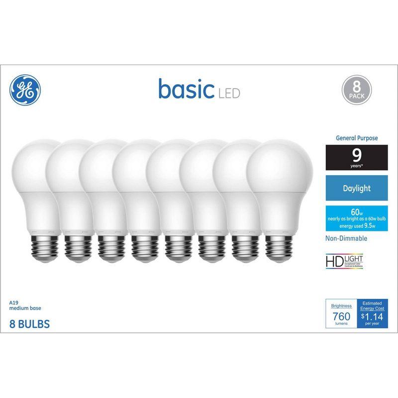 GE 8pk 60W Basic A19 LED Light Bulbs Daylight: 9.5W 5000K E26 Base, 760 Lumens, Damp Location Suitable, 9.1 Year Life