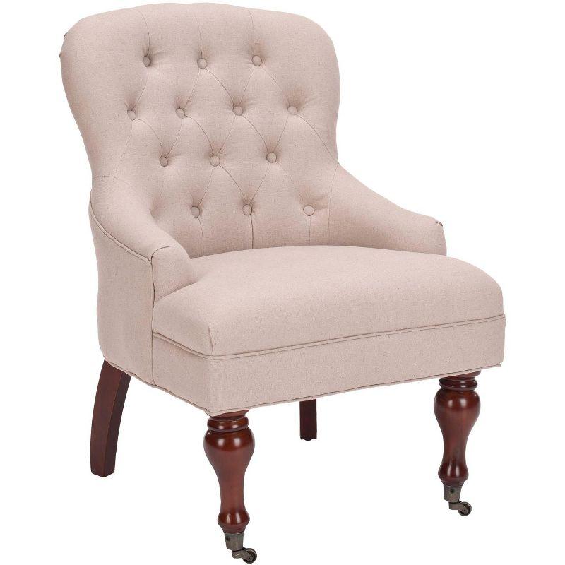 Modern Taupe Linen Arm Chair with Cherry Mahogany Legs