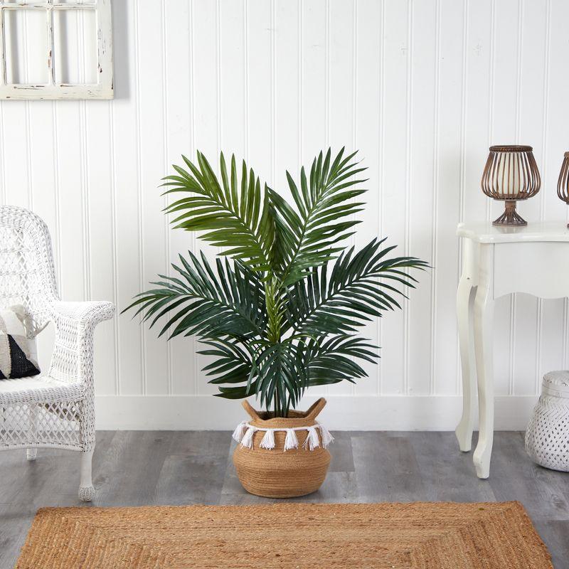 Nearly Natural 4-ft Kentia Palm Artificial Tree in Boho Chic Handmade Natural Cotton Woven Planter with Tassels
