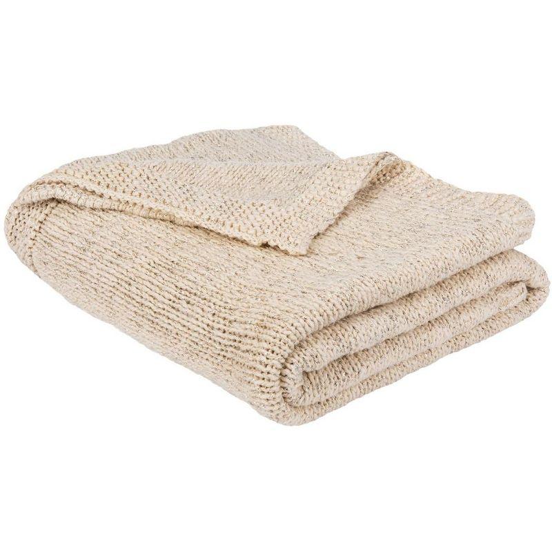 Contemporary Beige & Silver Lurex Knitted Cotton Throw, 60" x 50"