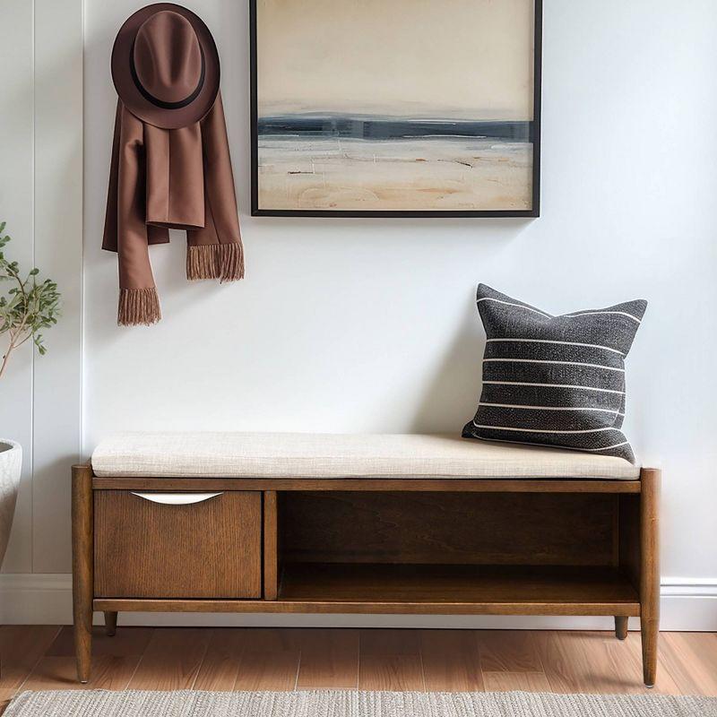 Mid-Century Walnut Storage Bench with Upholstered Cushion