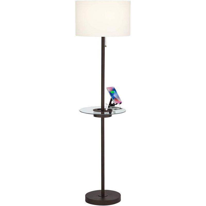 360 Lighting Caper Modern Floor Lamp with Tray Table 60 1/2" Tall Bronze USB and AC Power Outlet Off White Fabric Drum Shade for Living Room Office