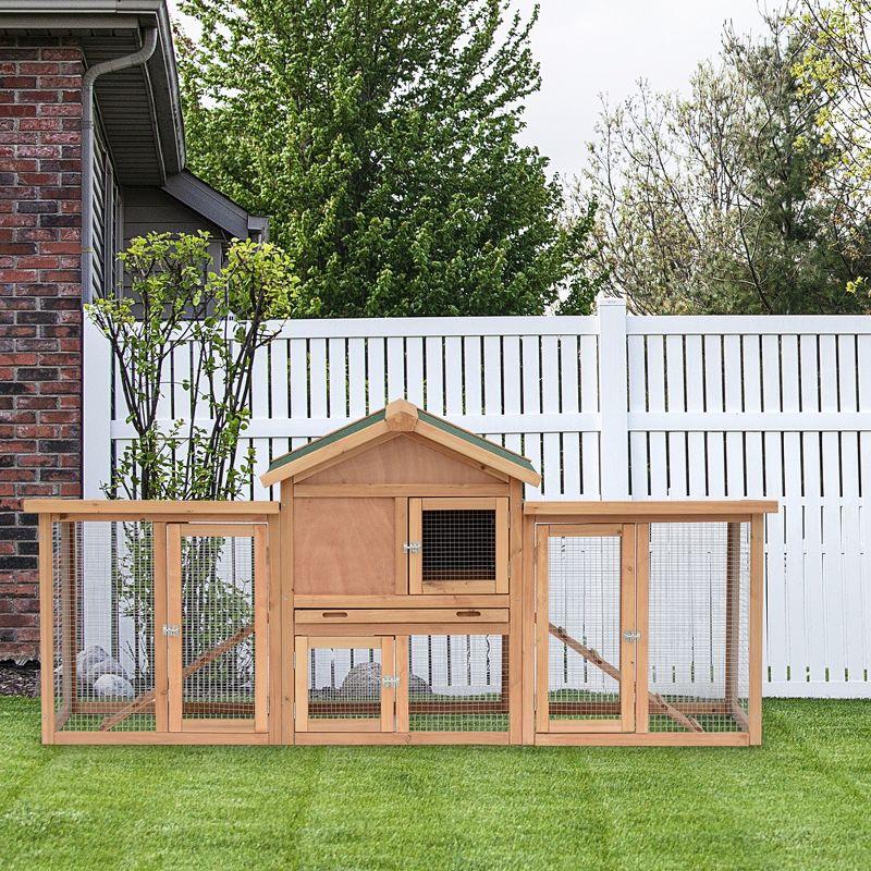 PawHut 80" Wooden Chicken Coop House, Backyard Hen Poultry Cage with Nesting Box, Double Run, Removable Tray and Asphalt Roof