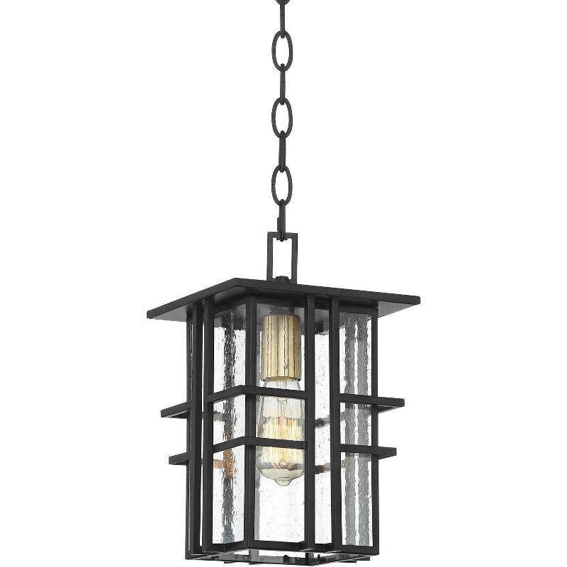 Black Geometric Frame Outdoor Hanging Light with Seedy Glass