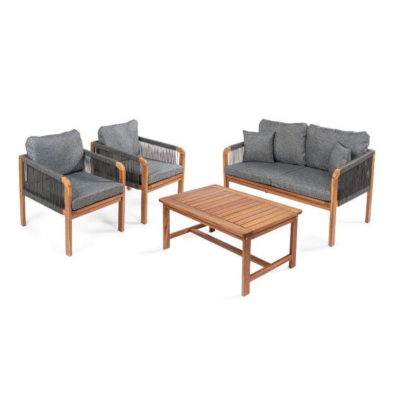 Tavira 4-Piece Modern Bohemian Acacia Wood Outdoor Patio Set with Cushions and Plain Decorative Pillows - JONATHAN Y